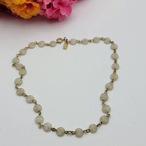 Vintage 50's Emmons White Stone Beaded Necklace 15 Inch Gold Tone Carved 7.6mm